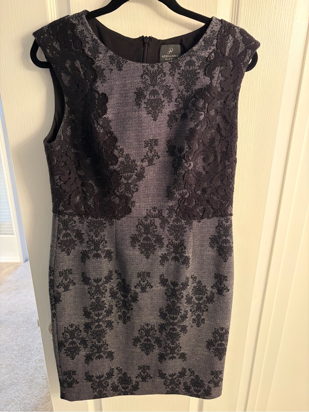 Adrianna Papell Black Lace Overlay Gray Sheath Midi Dress
